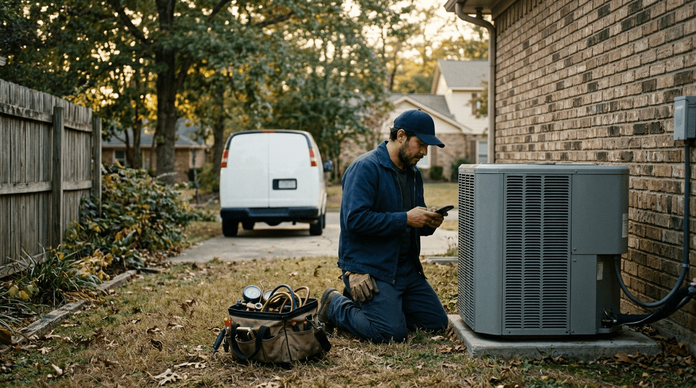 An HVAC owner kneeling beside an outdoor AC unit, checking his phone