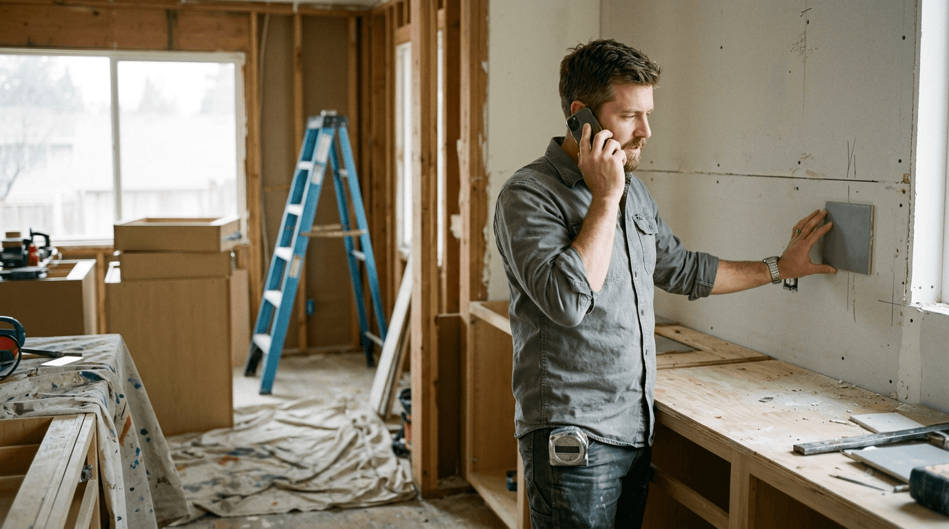 A remodeler on a phone call in a kitchen mid-renovation, holding a tile sample up to the wall