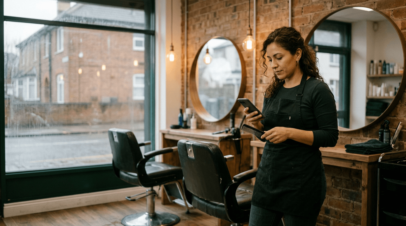 A salon owner checking her phone between clients, comb in hand