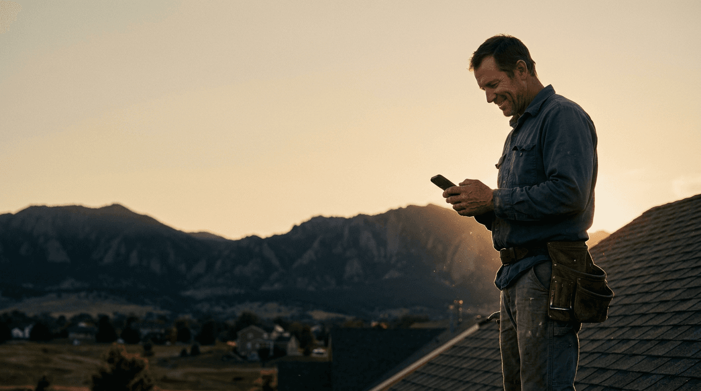 A roofer on a finished roof at sunrise, texting from his phone