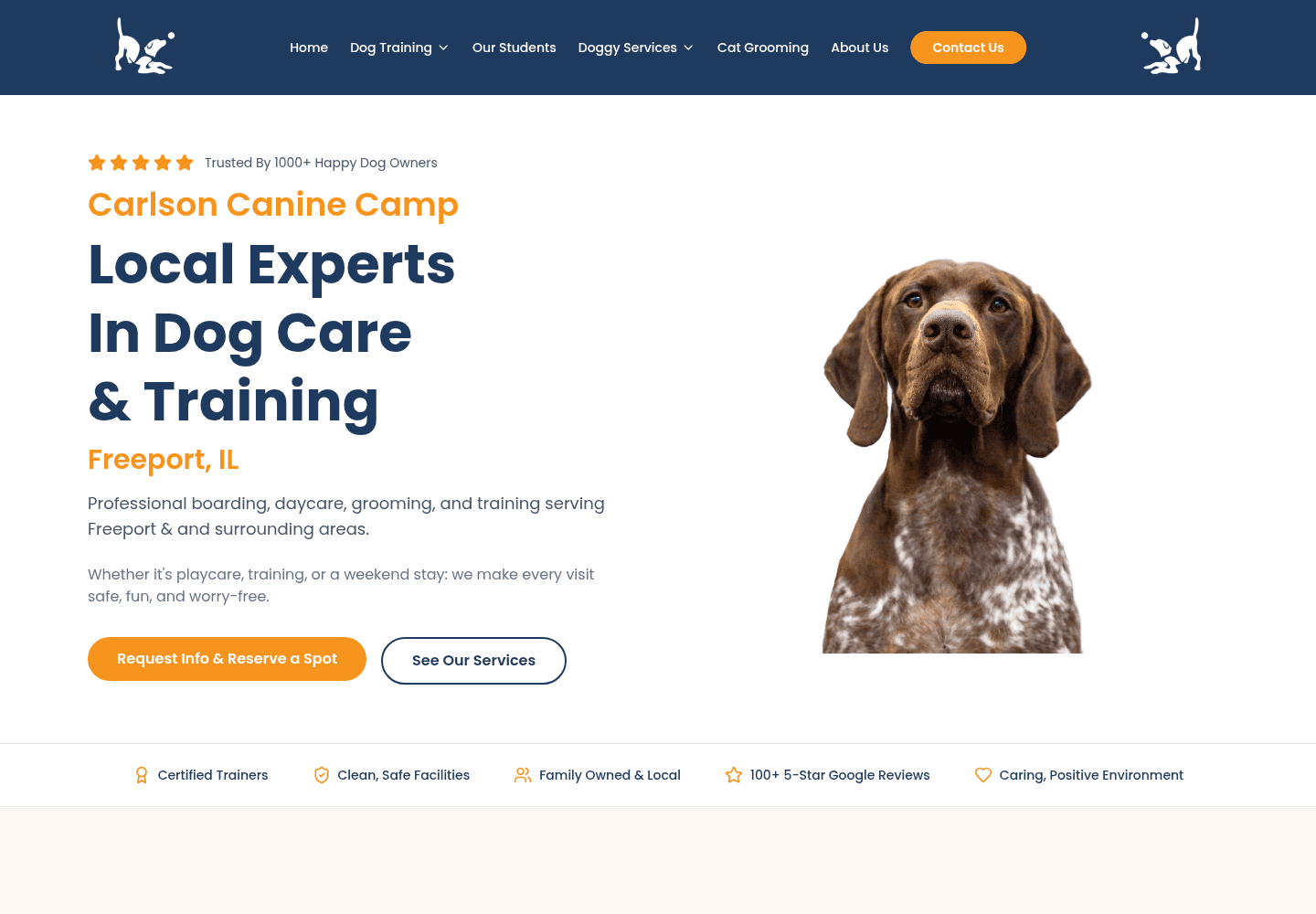 Carlson Canine Camp homepage showing its services and customer inquiry call to action